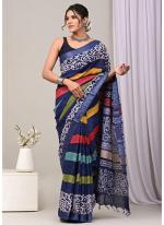 Cotton  Blue Daily Wear Printed Saree